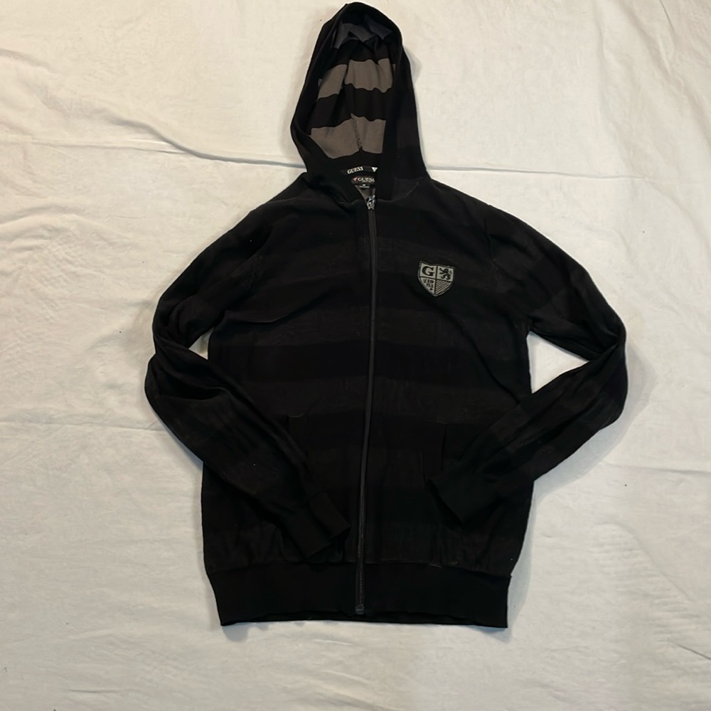 Guess Men’s Freeland Striped Full Zip Black Hoodie Sweater Size M